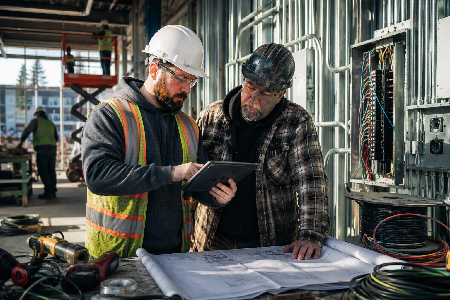 Two electrical contractors reviewing project plans on a tablet at a construction site