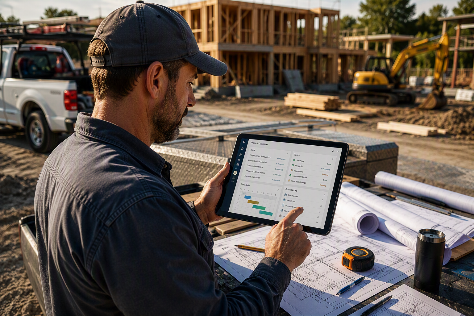 Contractor using a tablet with project management software at a Maine construction site