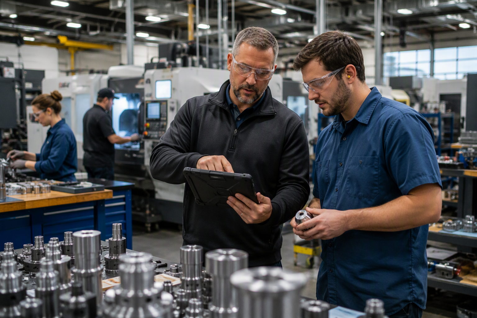 Manufacturing team reviewing production plans on a tablet in a precision machine shop