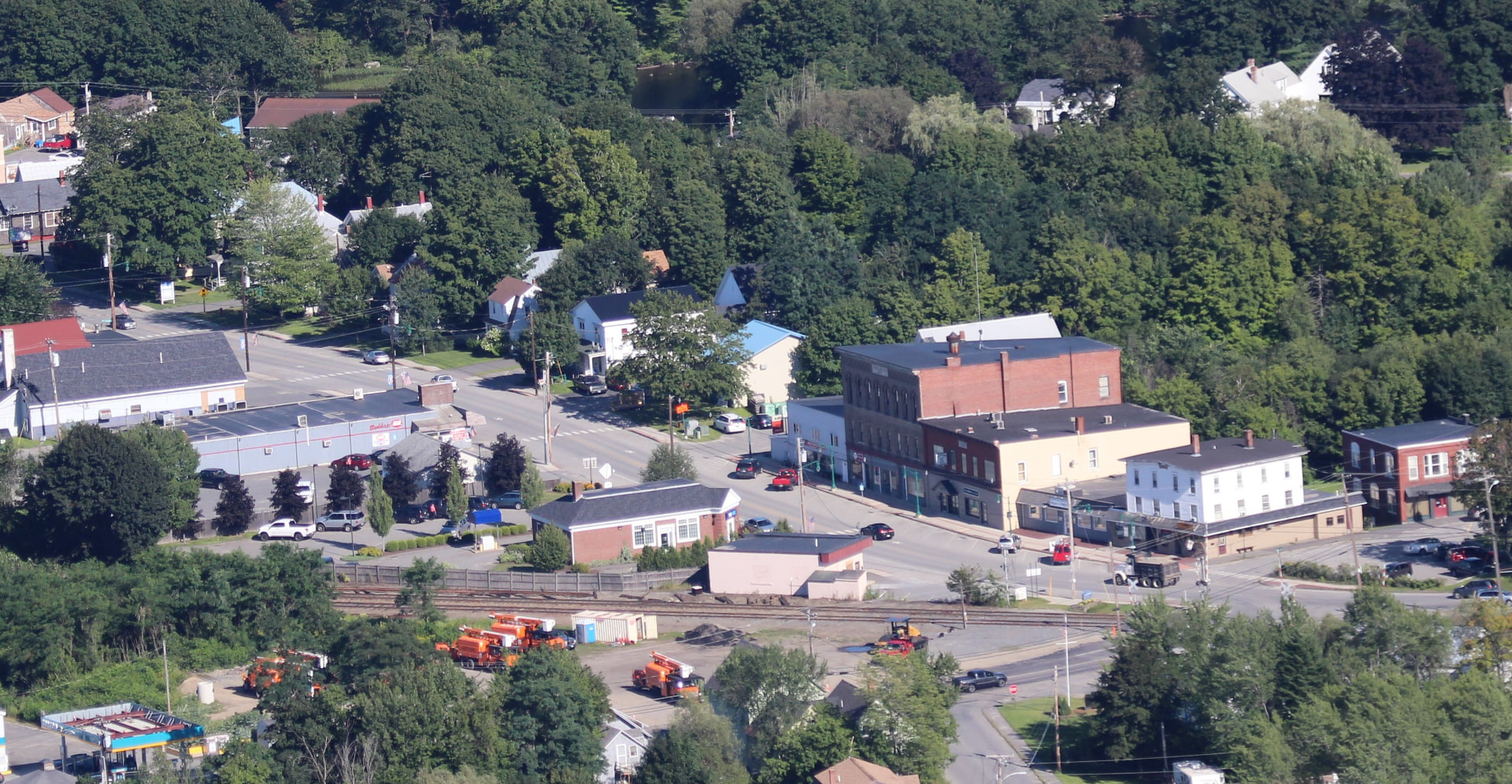Aerial view of downtown Oakland, Maine